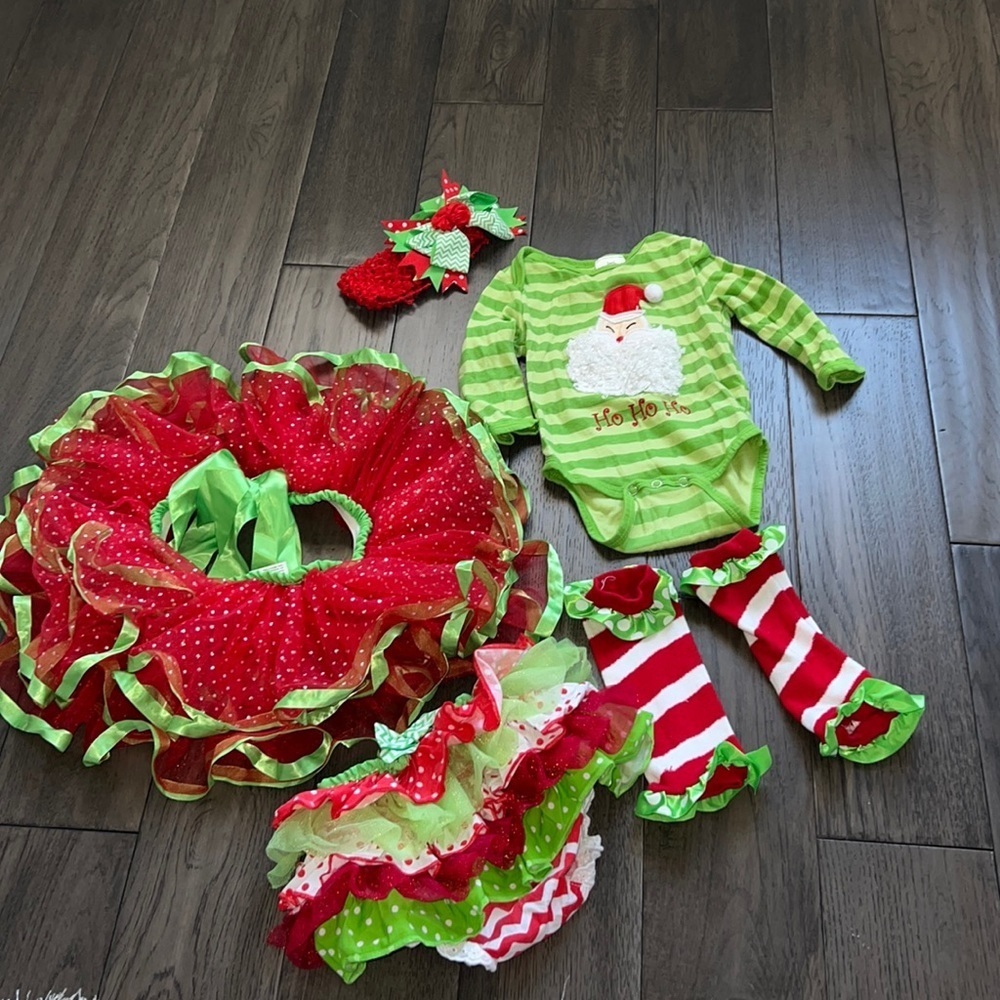 Christmas tutu w/matching legwarmers, ruffle diaper cover, headband and onesie